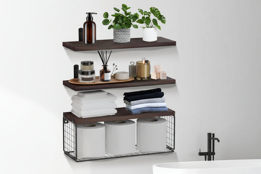 Elitee 2-in-1 Floating Wall Shelves with Basket - Space Saving Storage