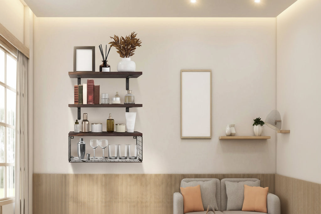 Elitee 2-in-1 Floating Wall Shelves with Basket - Space Saving Storage
