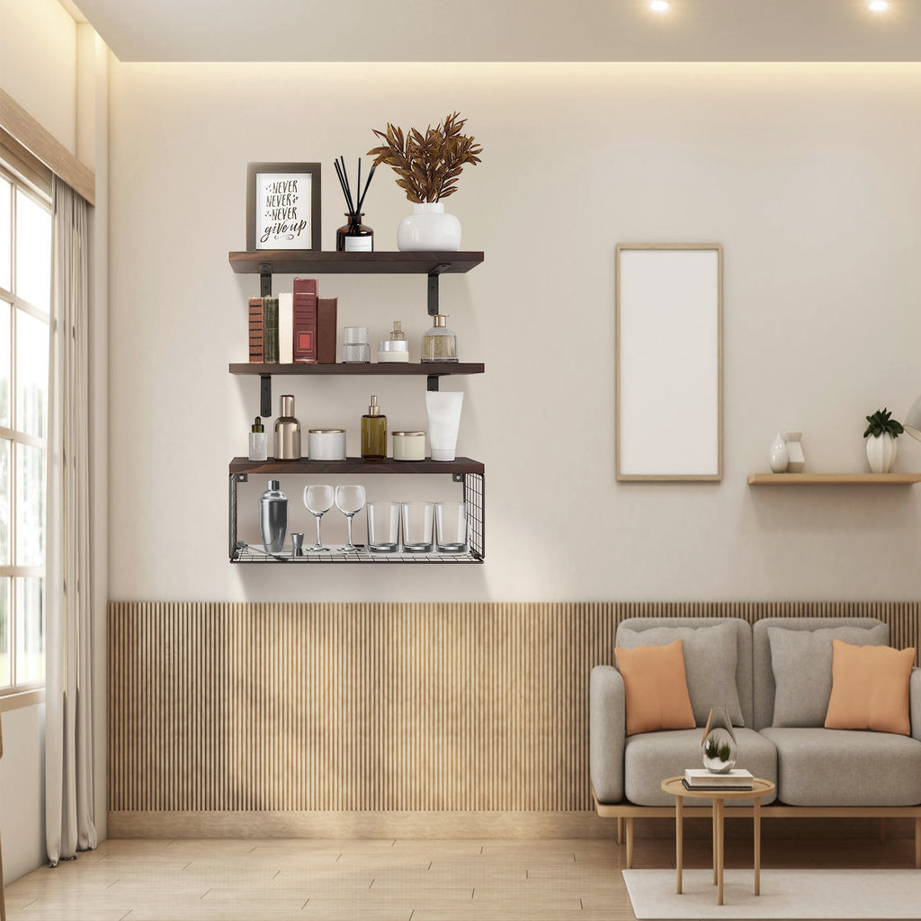 Elitee 2-in-1 Floating Wall Shelves with Basket - Space Saving Storage