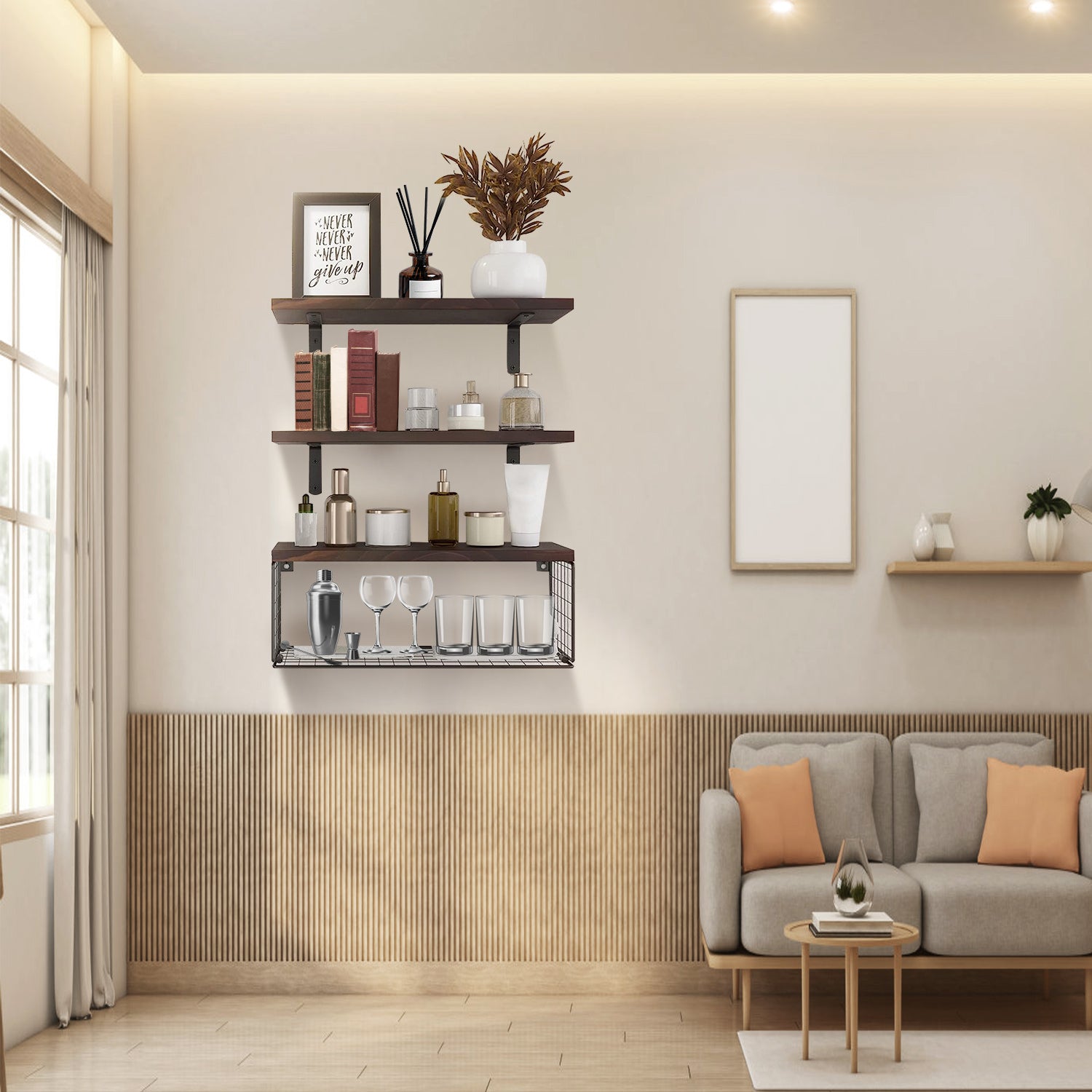 Elitee 2-in-1 Floating Wall Shelves with Basket - Space Saving Storage