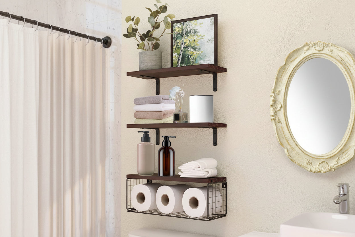 Elitee 2-in-1 Floating Wall Shelves with Basket - Space Saving Storage