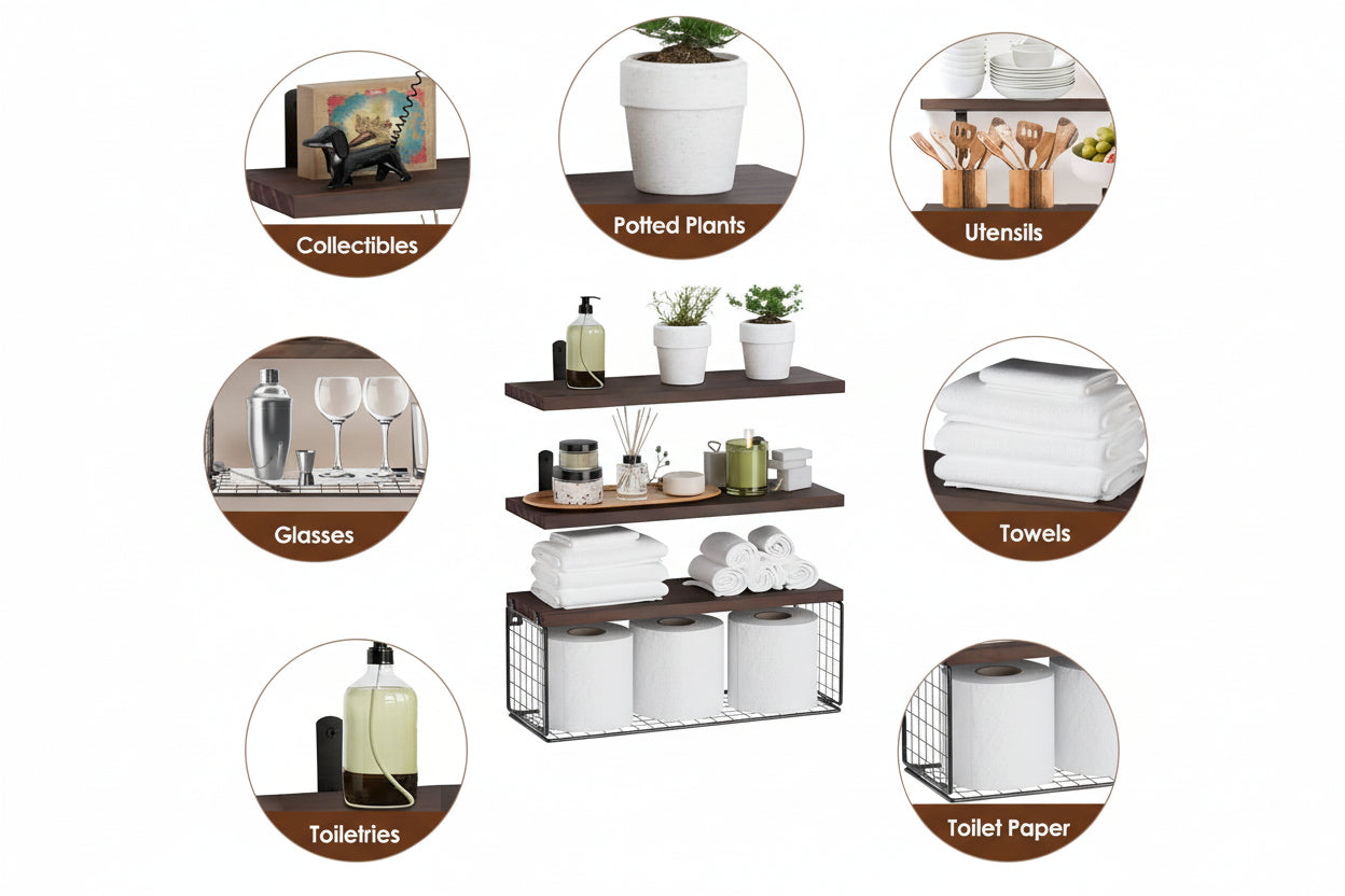 Elitee 2-in-1 Floating Wall Shelves with Basket - Space Saving Storage