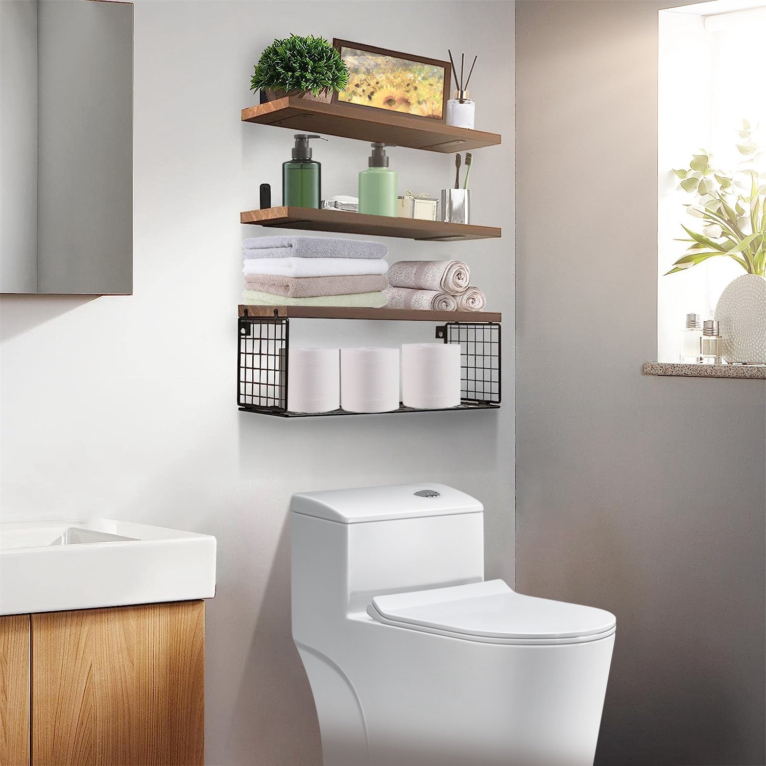 Elitee 2-in-1 Floating Wall Shelves with Basket - Space Saving Storage