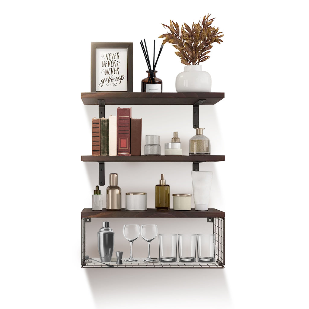 Elitee 2-in-1 Floating Wall Shelves with Basket - Space Saving Storage